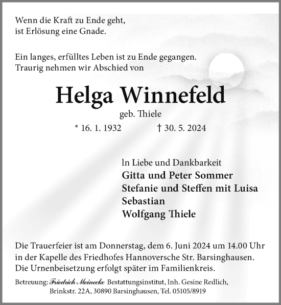 Traueranzeige von Helga Winnefeld von Hannoversche Allgemeine Zeitung/Neue Presse