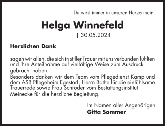 Traueranzeige von Helga Winnefeld von Hannoversche Allgemeine Zeitung/Neue Presse
