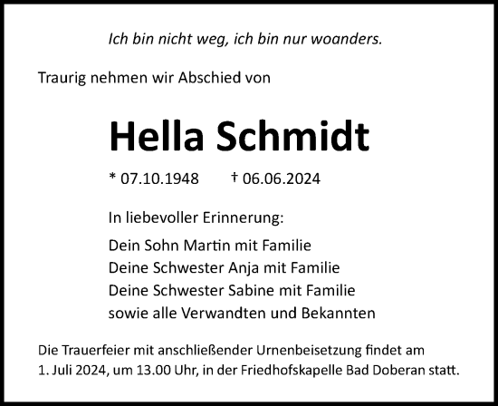 Traueranzeige von Hella Schmidt von Ostsee-Zeitung GmbH