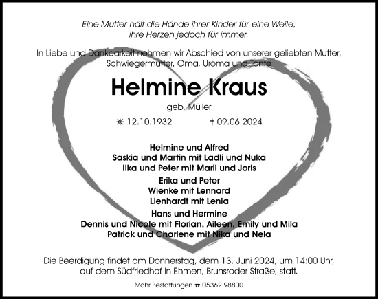 Traueranzeige von Helmine Kraus von Aller Zeitung