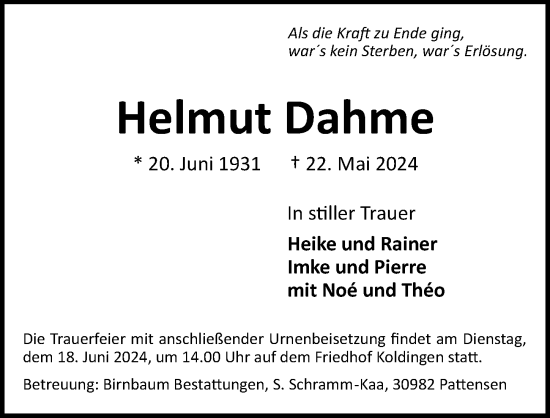 Traueranzeige von Helmut Dahme von Hannoversche Allgemeine Zeitung/Neue Presse