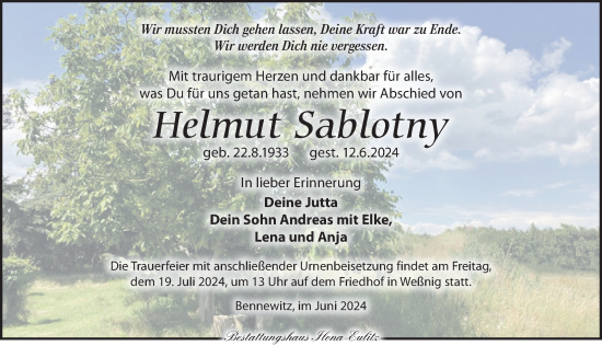 Traueranzeige von Helmut Sablotny von Torgauer Zeitung