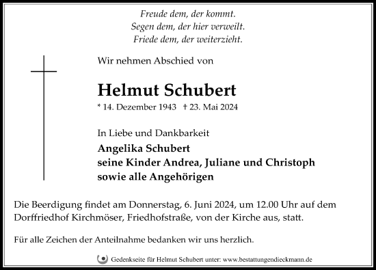Traueranzeige von Helmut Schubert von Märkischen Allgemeine Zeitung