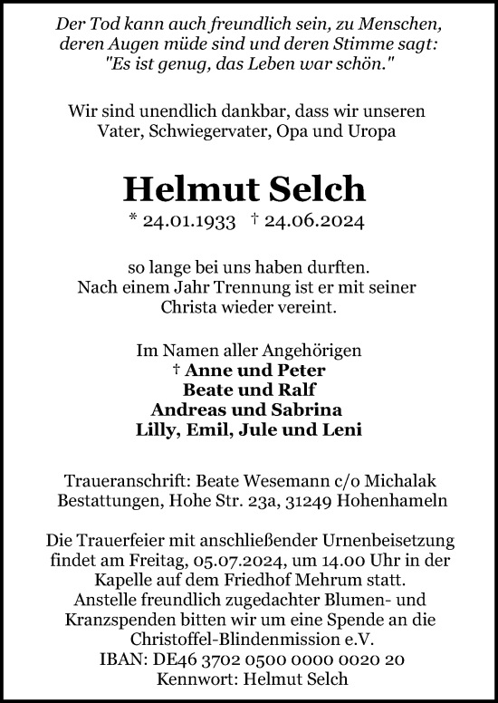 Traueranzeige von Helmut Selch von Hannoversche Allgemeine Zeitung/Neue Presse