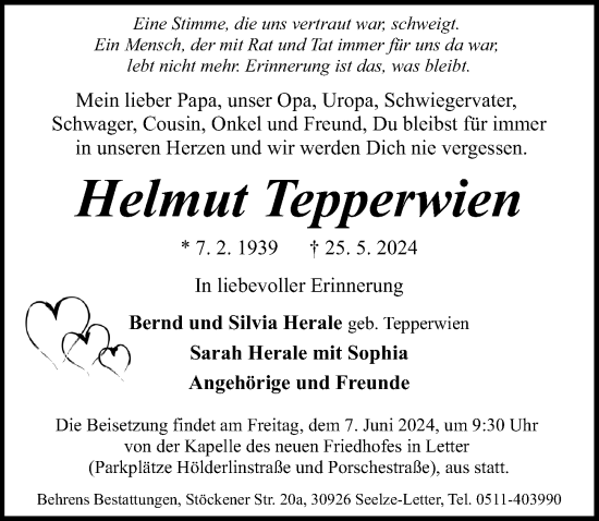 Traueranzeige von Helmut Tepperwien von Hannoversche Allgemeine Zeitung/Neue Presse