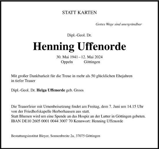 Traueranzeige von Henning Uffenorde von Göttinger Tageblatt
