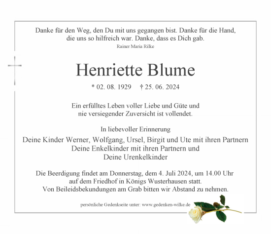 Traueranzeige von Henriette Blume von Märkischen Allgemeine Zeitung