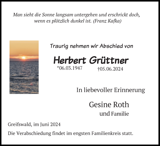 Traueranzeige von Herbert Grüttner von Ostsee-Zeitung GmbH
