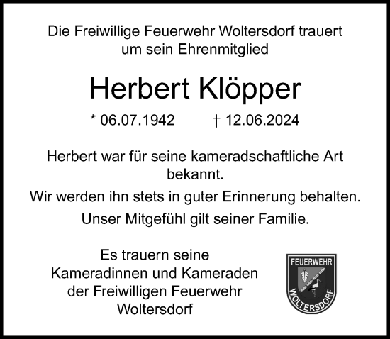 Traueranzeige von Herbert Klöpper von Lübecker Nachrichten