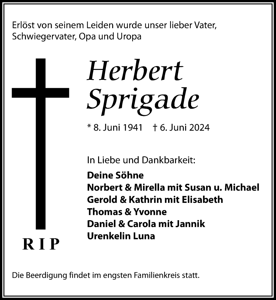  Traueranzeige für Herbert Sprigade vom 08.06.2024 aus Leipziger Volkszeitung