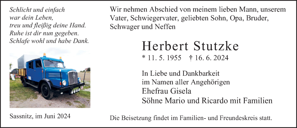  Traueranzeige für Herbert Stutzke vom 29.06.2024 aus Ostsee-Zeitung GmbH