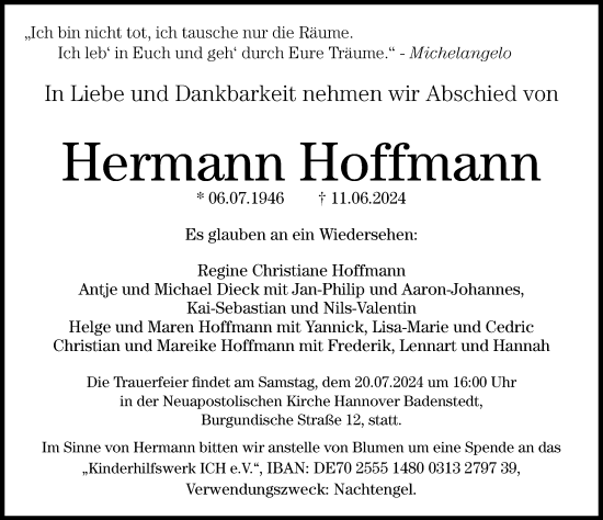 Traueranzeige von Hermann Hoffmann von Hannoversche Allgemeine Zeitung/Neue Presse