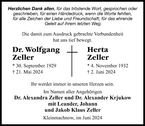 Traueranzeige von Herta Zeller von Märkischen Allgemeine Zeitung