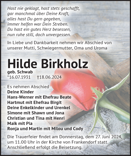 Traueranzeige von Hilde Birkholz von Märkischen Allgemeine Zeitung