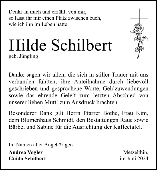 Traueranzeige von Hilde Schilbert von Wochenspiegel