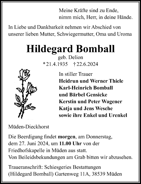 Traueranzeige von Hildegard Bomball von Aller Zeitung