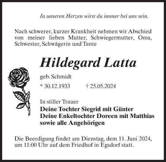 Traueranzeige von Hildegard Latta von Märkischen Allgemeine Zeitung