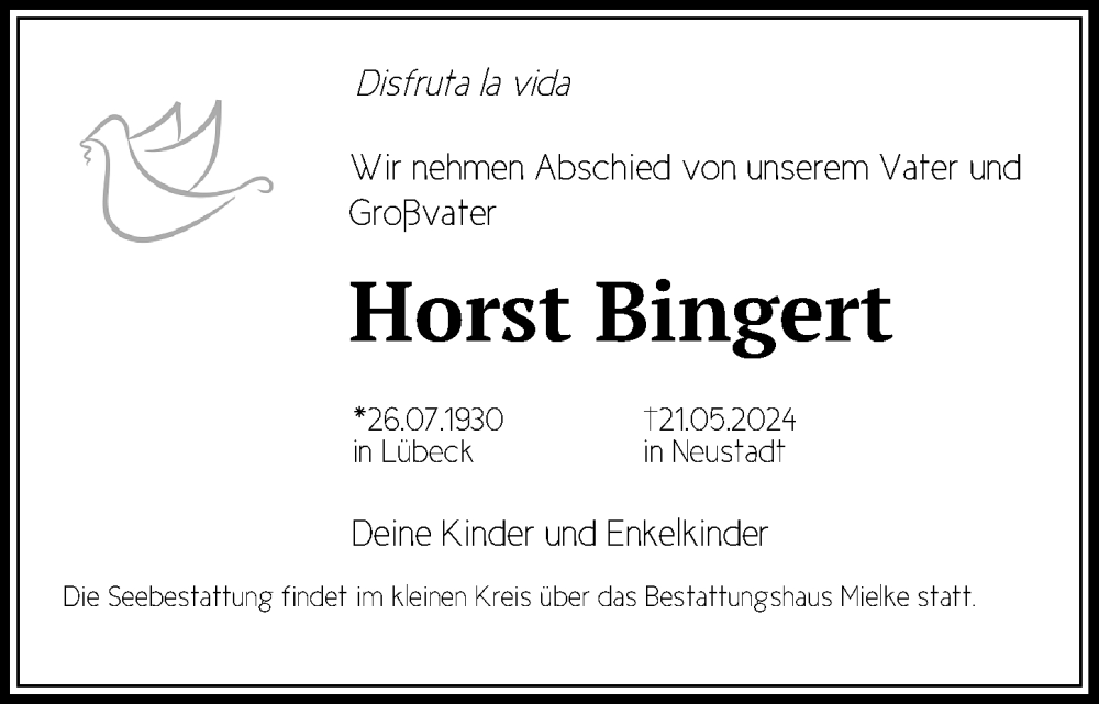  Traueranzeige für Horst Bingert vom 02.06.2024 aus Lübecker Nachrichten