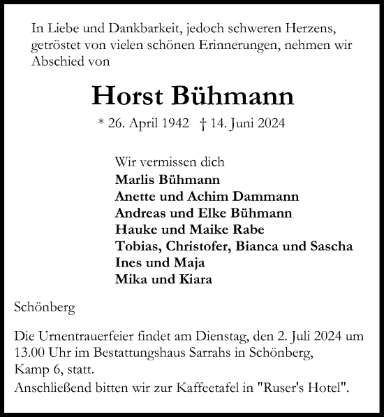 Traueranzeige von Horst Bühmann von Kieler Nachrichten