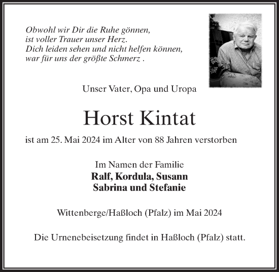 Traueranzeige von Horst Kintat von Wochenspiegel