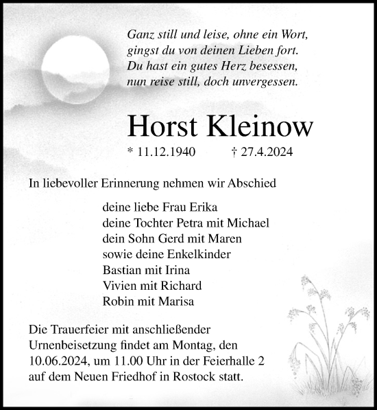 Traueranzeige von Horst Kleinow von Ostsee-Zeitung GmbH