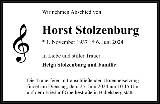 Traueranzeige von Horst Stolzenburg von Märkischen Allgemeine Zeitung
