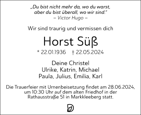 Traueranzeige von Horst Süß von Leipziger Volkszeitung