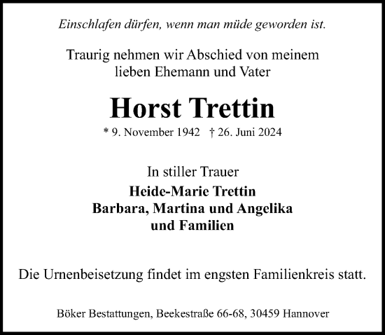 Traueranzeige von Horst Trettin von Hannoversche Allgemeine Zeitung/Neue Presse