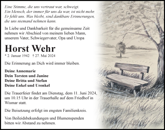 Traueranzeige von Horst Wehr von Ostsee-Zeitung GmbH