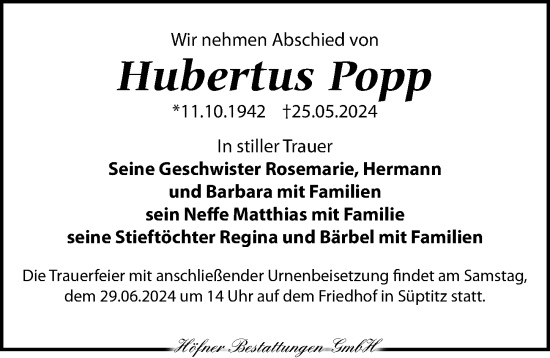 Traueranzeige von Hubertus Popp von Torgauer Zeitung