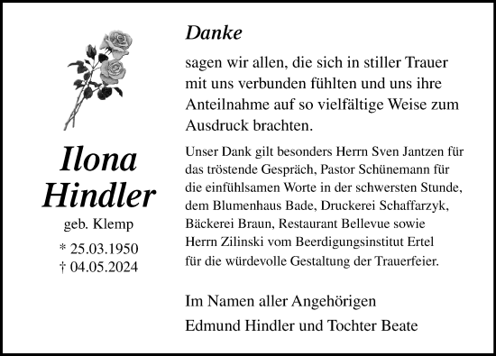 Traueranzeige von Ilona Hindler von Ostsee-Zeitung GmbH
