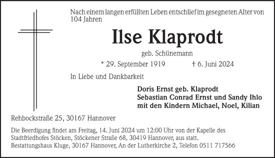 Traueranzeige von Ilse Klaprodt von Hannoversche Allgemeine Zeitung/Neue Presse
