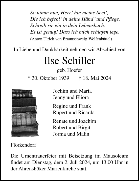 Traueranzeige von Ilse Schiller von Lübecker Nachrichten