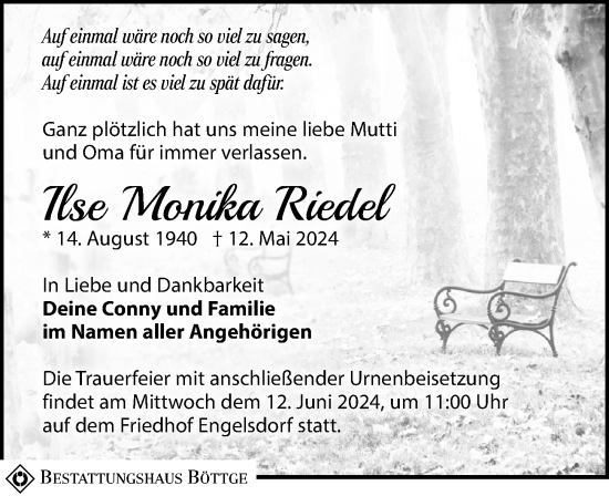 Traueranzeige von Ilse Monika Riedel von Leipziger Volkszeitung