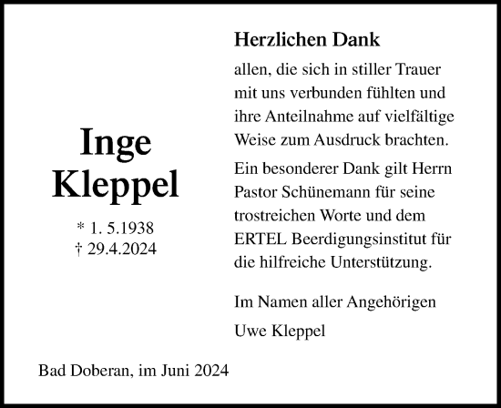 Traueranzeige von Inge Kleppel von Ostsee-Zeitung GmbH