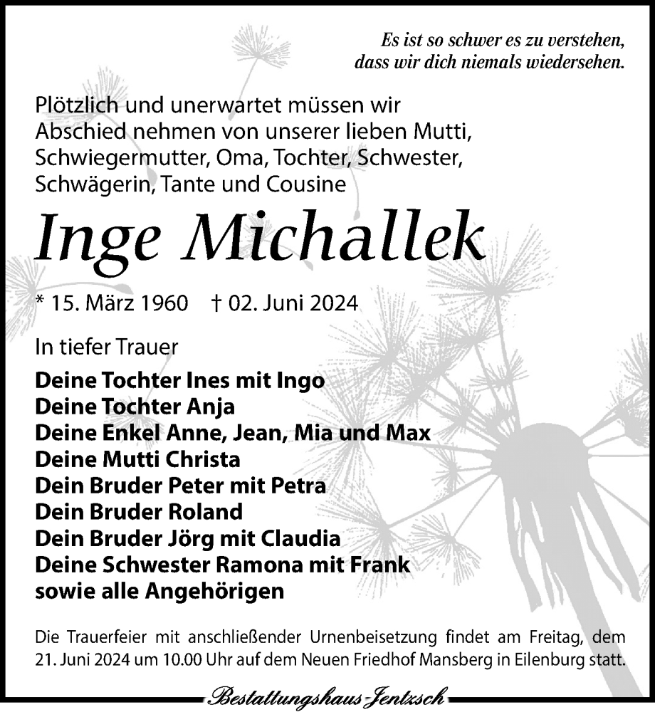 Traueranzeige für Inge Michallek vom 08.06.2024 aus Leipziger Volkszeitung