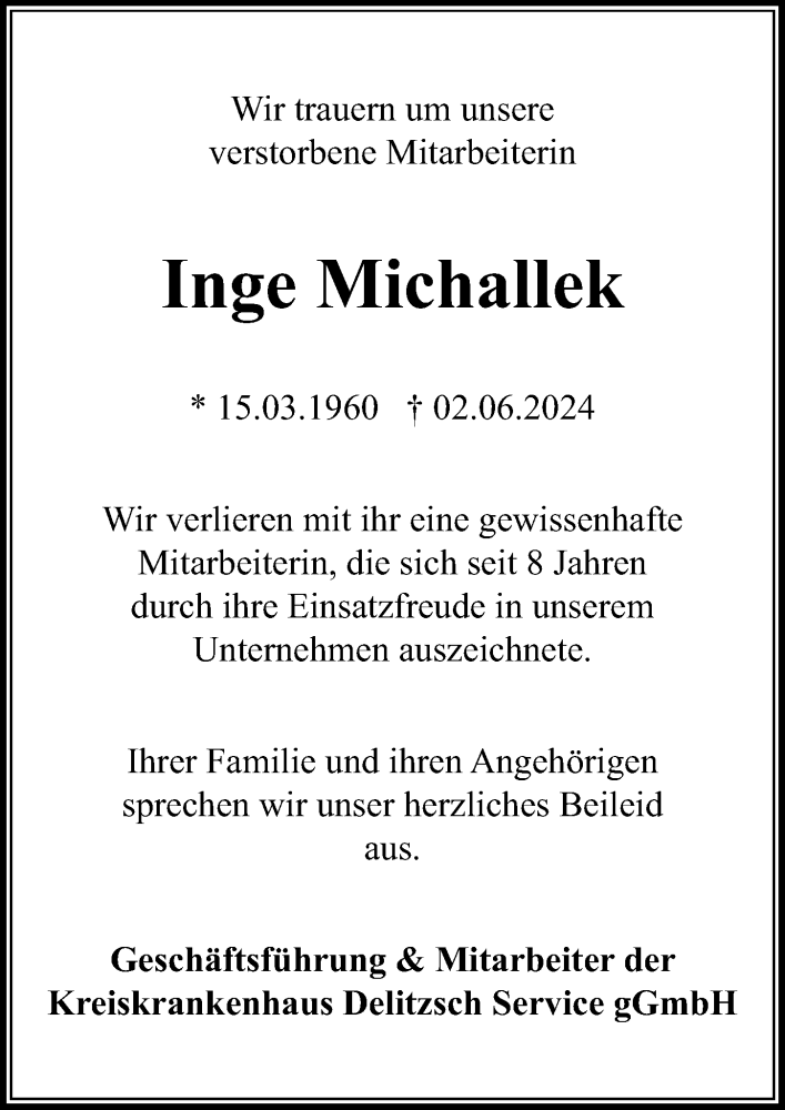 Traueranzeige für Inge Michallek vom 15.06.2024 aus Leipziger Volkszeitung