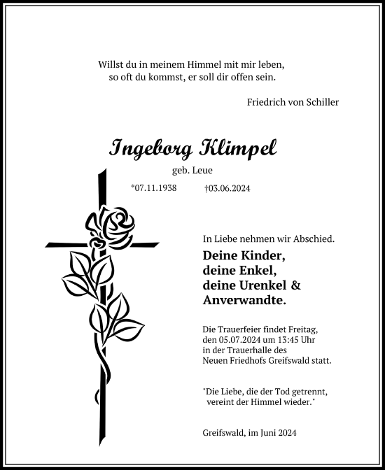 Traueranzeige von Ingeborg Klimpel von Ostsee-Zeitung GmbH