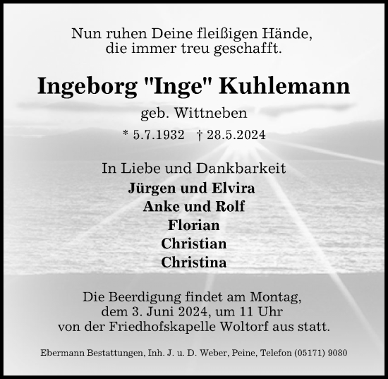 Traueranzeige von Ingeborg Kuhlemann von Peiner Allgemeine Zeitung