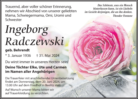 Traueranzeige von Ingeborg Radczewski von Märkischen Allgemeine Zeitung