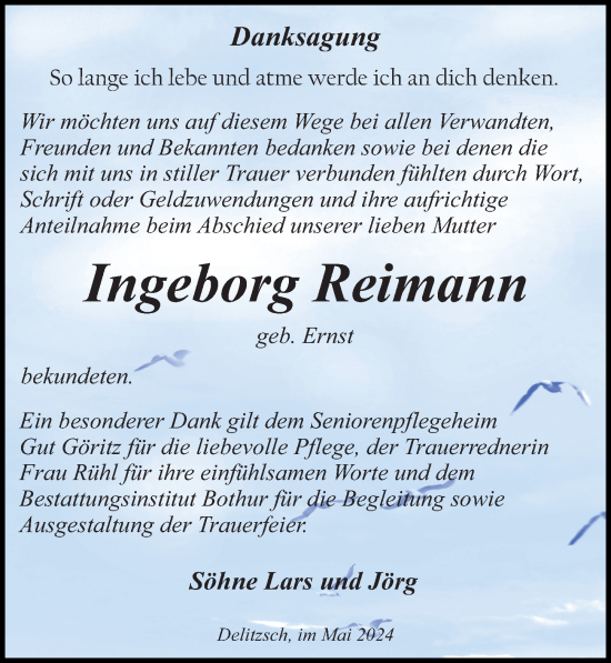 Traueranzeige von Ingeborg Reimann von Leipziger Volkszeitung