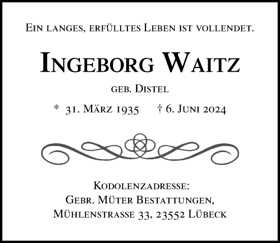 Traueranzeige von Ingeborg Waltz von Lübecker Nachrichten