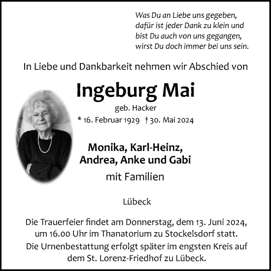 Traueranzeige von Ingeburg Mai von Lübecker Nachrichten