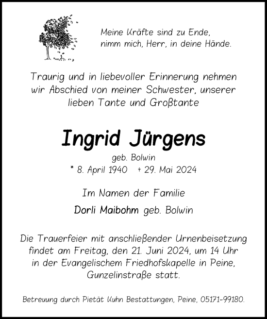 Traueranzeige von Ingrid Jürgens von Peiner Allgemeine Zeitung