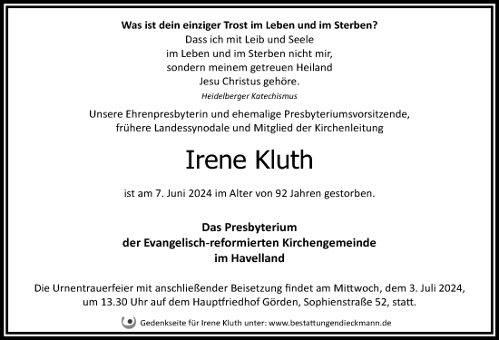 Traueranzeige von Irene Kluth von Märkischen Allgemeine Zeitung