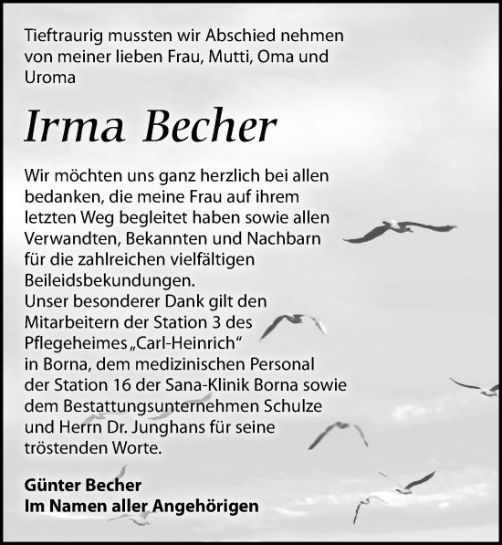 Traueranzeige von Irma Becher von Leipziger Volkszeitung