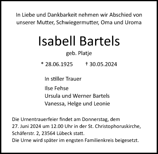 Traueranzeige von Isabell Bartels von Lübecker Nachrichten