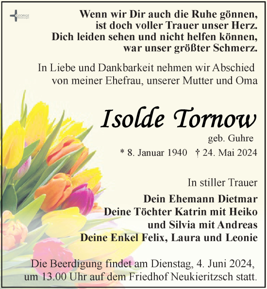 Traueranzeige von Isolde Tornow von Leipziger Volkszeitung