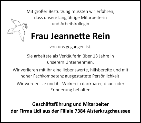 Traueranzeige von Jeannette Rein von Ostsee-Zeitung GmbH