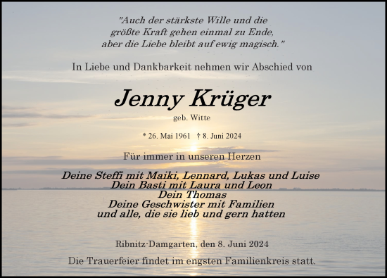 Traueranzeige von Jenny Krüger von Ostsee-Zeitung GmbH